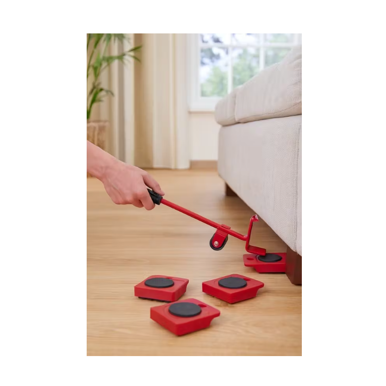 Meubelroller & Transportset 5-delig – Rood – Complete Verhuisset met Hefboom & 4 Rollers – Voor Zware Meubels en Apparaten