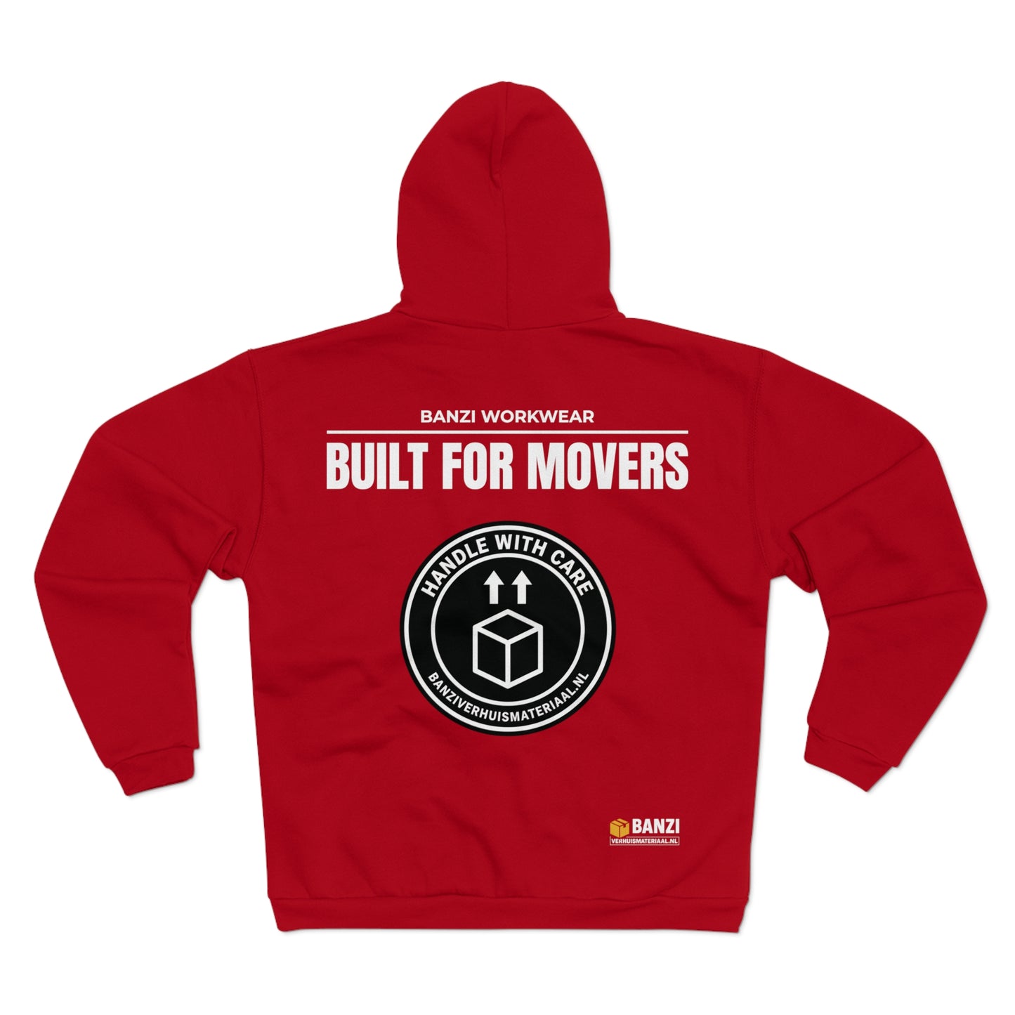 BanziVerhuismateriaal Zip-Up Workwear Hoodie “Built for Movers” – Flaming Red (Unisex)