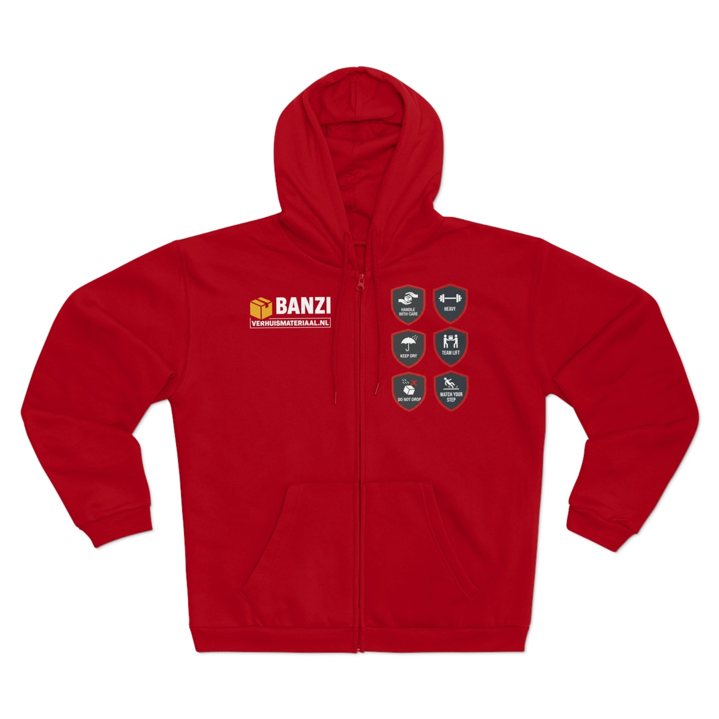 BanziVerhuismateriaal Zip-Up Workwear Hoodie “Built for Movers” – Flaming Red (Unisex)