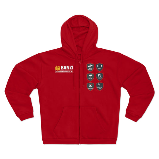 BanziVerhuismateriaal Zip-Up Workwear Hoodie “Built for Movers” – Flaming Red (Unisex)