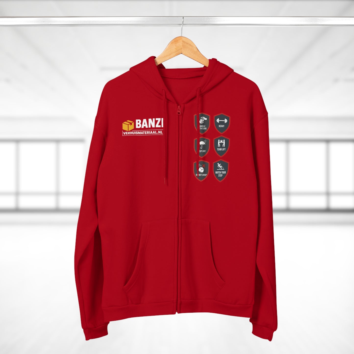 BanziVerhuismateriaal Zip-Up Workwear Hoodie “Built for Movers” – Flaming Red (Unisex)