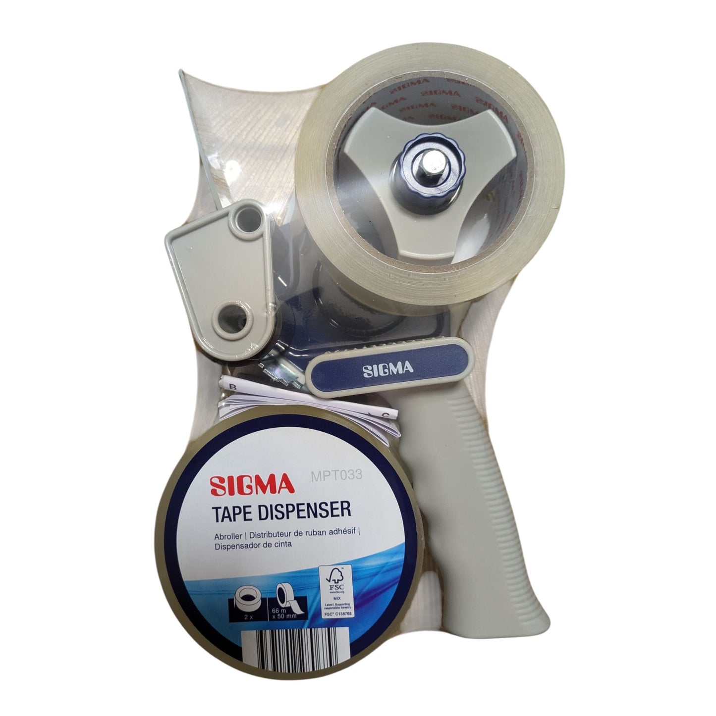 SIGMA Verpakkingstape Set met Ergonomische Dispenser – 2 Rollen Transparant Tape (50 mm x 66 m)