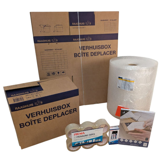 Verhuispakket 'Starter 65' – 65 dozen, 2 dozen Extra Strong incl. tape, labels & bubbelfolie